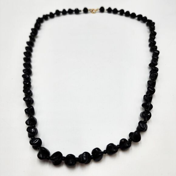Unique Vintage Necklace Bubbled Bumpy Black Glass Beads Hand Knotted 24" HTF - Picture 2 of 4